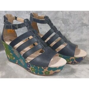 CAT Caterpillar Womens 8.5 Westwood Wedge Heels Shoes Dark Navy Floral Cork READ